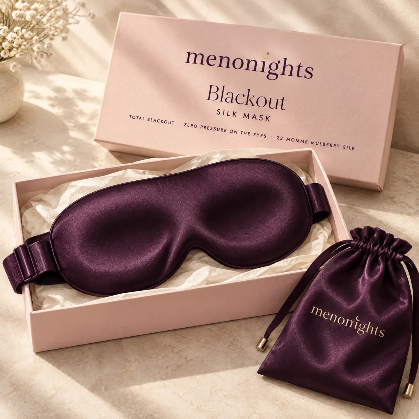 Blackout Silk Mask by MenoNights with its box Blackout Silk Mask by MenoNights with its box