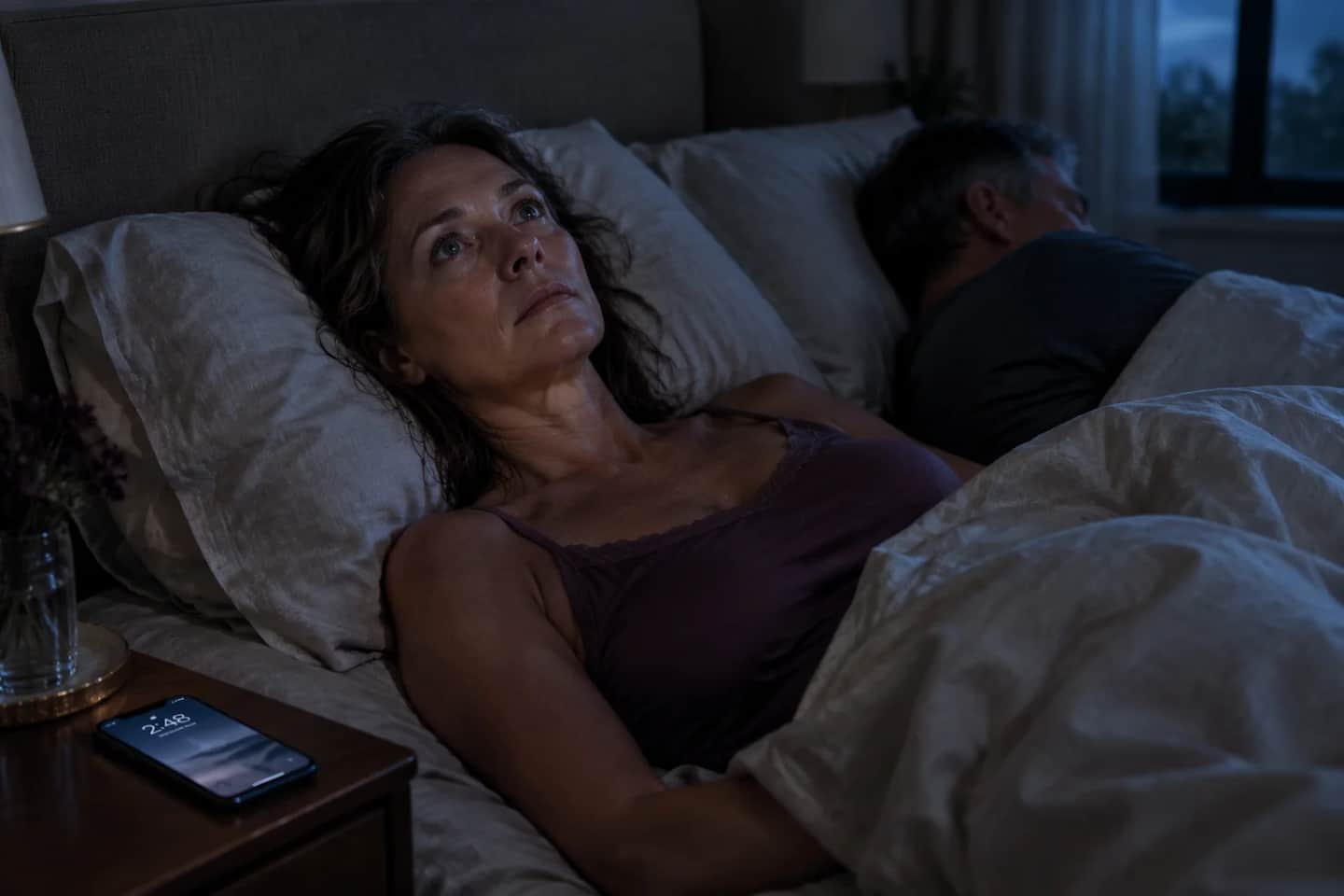 A woman lying awake in the dark beside her sleeping husband