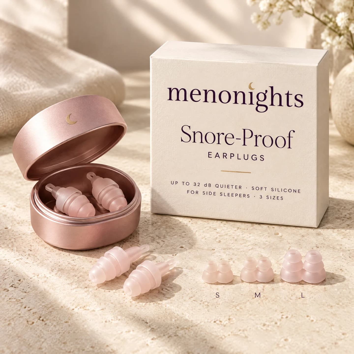 Snore-Proof Earplugs by MenoNights with its box Snore-Proof Earplugs by MenoNights with its box